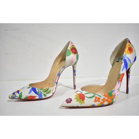Christian Louboutin Iriza 100 Crepe Satin Bloomy Floral Pointed Heel Pump 37.5 - Picture 9 of 12